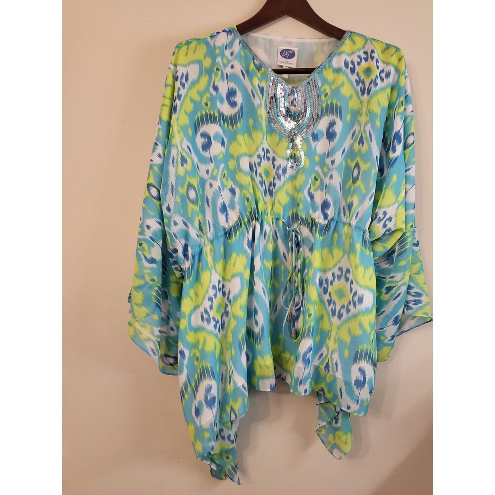 DG2 by Diane Gilman Printed Charmeuse V‎ Neck Tie Waist Poncho Pullover Missy